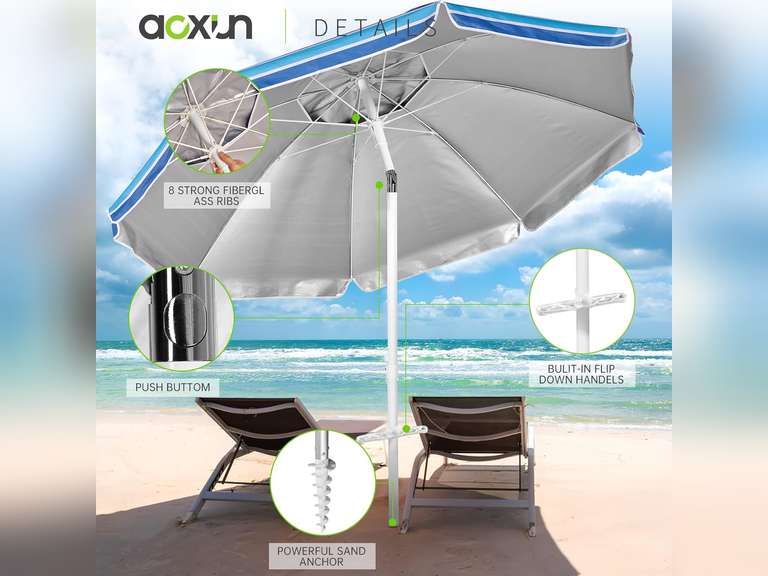 Aoxun Beach Umbrella with Tilt Pole, Portable Sand Anchor and Carry Bag, UPF 50+ Sun Shelter Air Vents Design for Outdoor Activities (Navy Blue & White), 6.5ft(similar model) 32