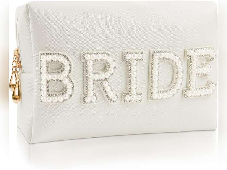 Bride Patch Letter Makeup Bag for Women Bridesmaid Engagement Gift for Her White Pearl Rhinestone Travel Toiletry Bag Make Up Bag Pouch for Purse Bridal Shower Gifts for Engagement Wedding 10