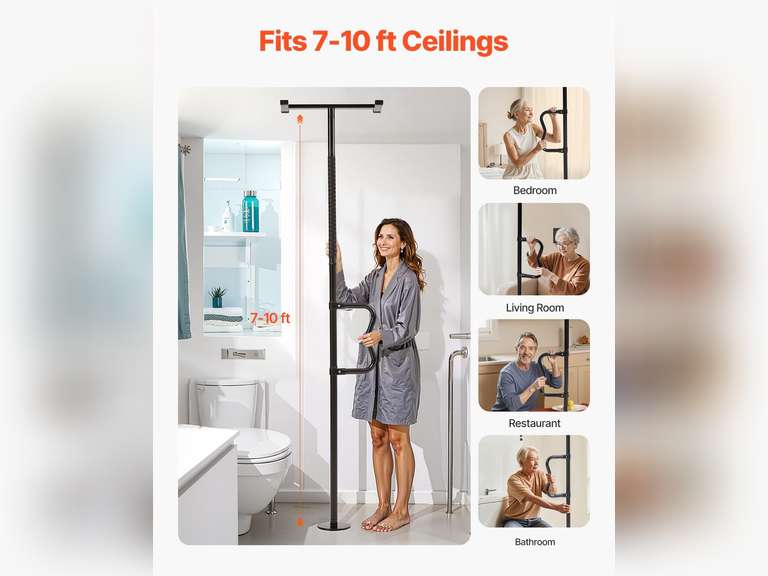 VEVOR Floor-to-Ceiling Transfer Pole, Tension Mounted Bathroom Grab Bar with Anti-Slip Curve Handle, 300 Lbs Capacity Security Pole for Elderly, Ideal Senior Safety Pole for 7-10 Ft Ceilings, Black 126