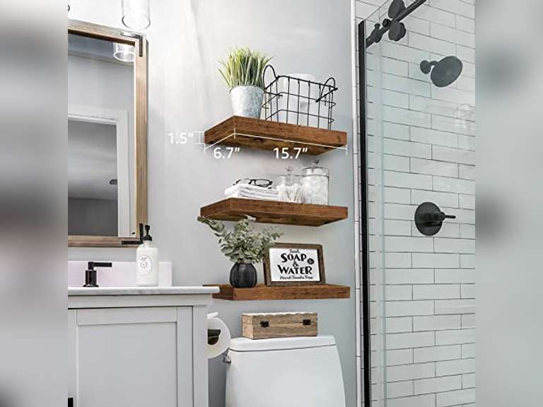QEEIG Floating Shelves for Wall Bathroom Shelf Bedroom Kitchen Living Room Hanging Book Shelves Small Farmhouse Decor 16 inch Set of 3, Rustic Brown (015-BN3) 20