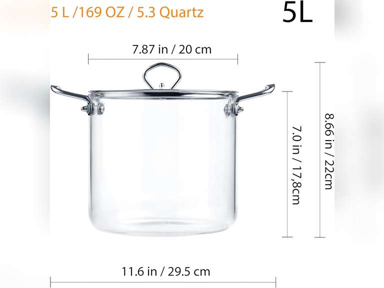Glass Cooking Pot Sauce Pan with Lid Cover 5L / 5.3 Quartz Heat Resistant Simmer Pot for Stove Potpourri, Pasta, Soup, Salad, Clear Glass Pots for Cooking Stock Pot Borosilicate Glass Cookware 89