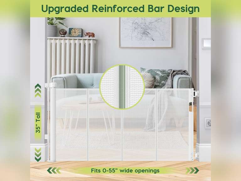 Reinforced 55" Wide Retractable Baby Gate Outdoor Retractable Gate with Reinforced Bar Mesh Baby Gate Retractable Dog Gate Retractable Mesh Gate for Kids and Pets Safety Retractable Pet Gate for Stair 42