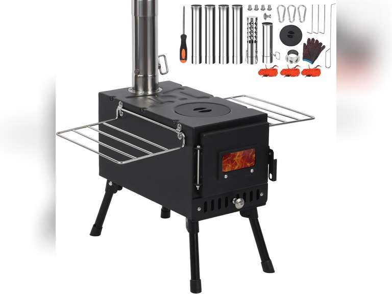 REDCAMP Hot Tent Stove, Camping Wood Stove Alloy Steel Wall Tent Stove, Portable Wood Burning Stove with Stainless Steel Sectional Chimney Pipes and 3 Pcs Tent Ropes for Camping, Cooking, Ice Fishing 112