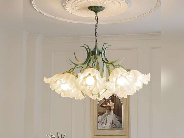 Lace Glass Flower Chaner Light Fixture Large Round Chaner for Dining Room Over Table Farmhouse Green Pendant Light Nordic Modern Hanging Ceiling Lamp for Bedroom Living Room Kitchen (8 Lights 494