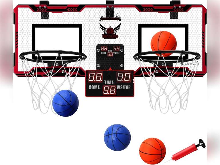 ESPN Mini Basketball Hoop, Over The Door Basketball Hoop with 2 Foldable Breakaway Rims and Ball Return for Two Player Games, Includes 4 Mini Basketballs and Pump 48
