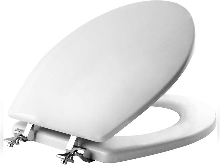 MAYFAIR 844CP 000 Edgewater Toilet Seat with Chrome Hinges will Never Come Loose, ROUND, Durable Enameled Wood, White 32