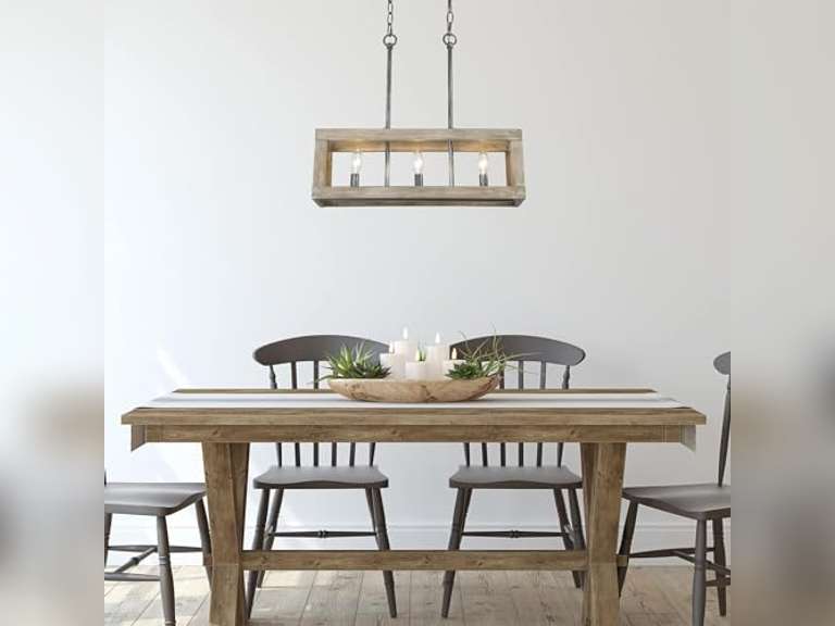 Wood Chandelier, 3 Light Farmhouse Chandelier Light Fixtures, Rectangle Island Lighting for Kitchen Dining Room 206