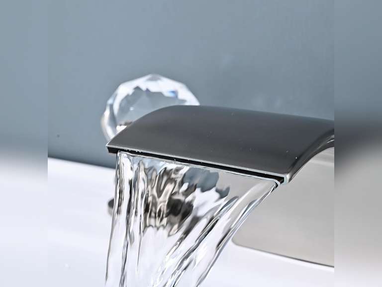 Brushed Nickel Waterfall 3 Hole Bathroom Sink Faucet,Brass Vanity Widespread Crystal Modern Restroom 3 Piece Unique Faucet with Pop up Drain for Sink with Overflow, llaves para lavamanos de ba o 79