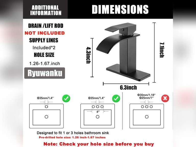 Bathroom Faucet Matte Black Modern Waterfall Bathroom Sink Faucet with Single Handle Suitable for 1 or 3 Holes,Supply Deck Plate and Hose 23