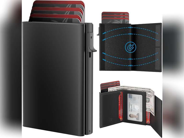 Mens Wallet Card Holder - Smart Wallet for Men, Pop Up Card Case, Top Grain Leather, RFID Blocking, Slim, Minimalist, Ultra Thin, Front Pocket, 9-14 Card Capacity | ID Window | Cash Slot (Black) 40