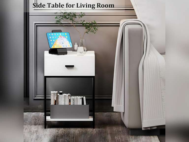 White Nightstand with Charging Station and USB Ports, 3-Tier End Table with Wood Drawer Storage Shelf, Tall Small Bed Side Table for Small Spaces Living Room, Bedroom 61