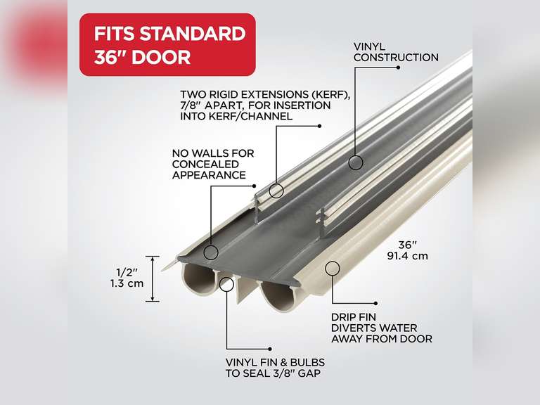 Kerf Style Replacement Door Bottom W/Vinyl Bulb & Fins -35-3/4" 26