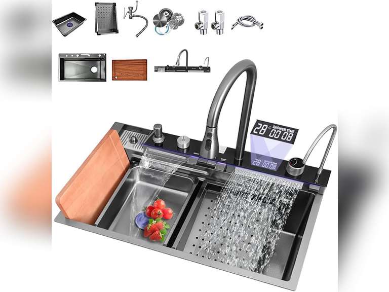 (Similar, see pictures)Digital Display Single Kitchen Sink Embossed Large Groove 304 Stainless Steel Nano Black Raindance Waterfall Sink with Pressurized Cup Washer and Two Waterfalls (29.5x18.1x8.66) 308