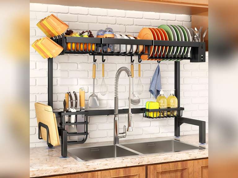(SIMILAR MODEL) Over The Sink Dish Drying Rack, Adjustable (30" to 41.5") Large Dish Drainer Drying Rack for Kitchen Counter with Multiple Baskets Utensil Sponge Holder Sink Caddy, 2 Tier Black 40