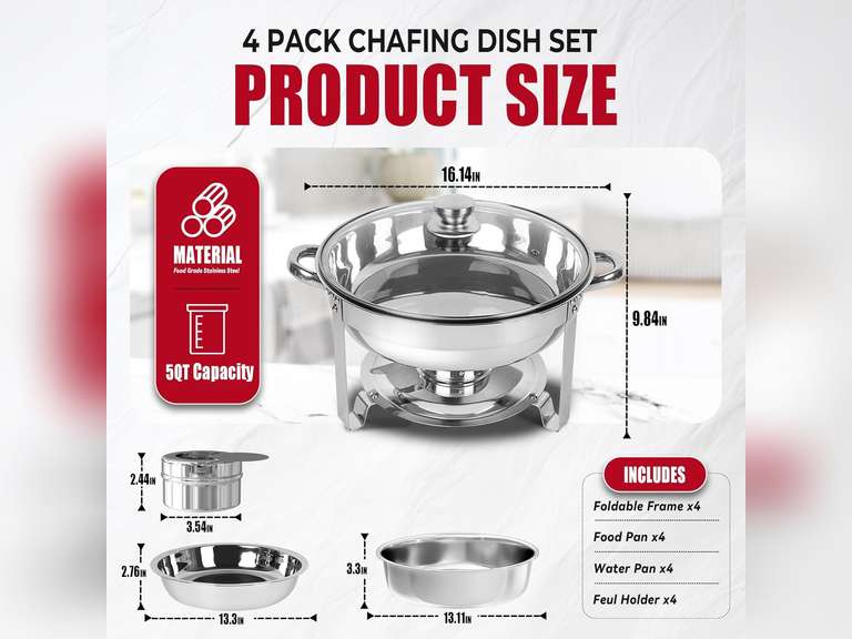 Chafing Dish Buffet Set 4 Pack, 5QT Round Stainless Steel Chafer for Catering in Glass Lid, Chafers and Buffet Warmer Sets w/Food & Water Pan, Lid, Frame, Fuel Holder for Event Party Holiday 100