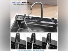 (Similar, see pictures)Digital Display Single Kitchen Sink Embossed Large Groove 304 Stainless Steel Nano Black Raindance Waterfall Sink with Pressurized Cup Washer and Two Waterfalls (29.5x18.1x8.66) 308