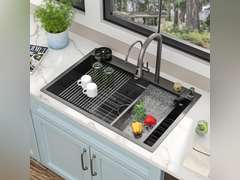 33"x22" Drop In Waterfall Kitchen Sink - 16 Gauge 304 Stainless Steel Gunmetal Black NANO-PVD Multifunctional Single Bowl Smart Workstation Waterfall Sink with Faucet Combo, Glass Rinser 400