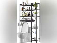 8-Tier Over The Toilet Storage with Side Rack, Over Toilet Storage Rack with Adjustable Shelf & Drain Basket, Freestanding Bathroom Organizer for Balcony, Laundry (Pure Black) some screws might be missing 90