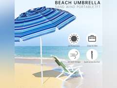 Aoxun Beach Umbrella with Tilt Pole, Portable Sand Anchor and Carry Bag, UPF 50+ Sun Shelter Air Vents Design for Outdoor Activities (Navy Blue & White), 6.5ft(similar model) 32