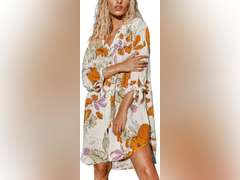 CUPSHE Women Mini Summer Dress Cover Up Oversize Floral Shirt 3/4 Sleeve Cuff Tie Button Down Beach Dresses Cover Up Top, S 38