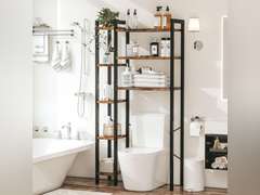 (SIMILAR MODEL) IRONCK Over The Toilet Storage with 8-Titer Shelf, Mass-Storage Side Storage Open Rack, Freestanding Bathroom Organizer Space Saver, for Bathroom, Restroom, Laundry, Vintage Brown 90