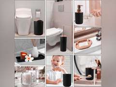 Black Bathroom Accessories Set 9 Piece - Trash Can, Soap Dispenser and Dish, Toilet Brush, Toothbrush Holder, Tumbler, Tray, Cotton Swab Container, Countertop Organizer Decor and Housewarming Gift 40