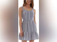SIMILAR MODEL, Womens Blue Stretch Cut Out Tie Ruffled-Hem Striped Sleeveless Sweetheart Neckline Short Fit + Flare Dress L 22