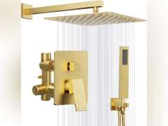 Gold Shower System, 12 Square Rainfall Shower Head with Handheld Combo Spray, Bathroom Brushed Gold Shower Faucet Set with Valve, 59' Shower Hose, Shower Trim Kit and Diverter, Wall Mounted 126