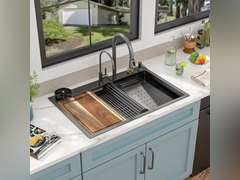 33"x22" Drop In Waterfall Kitchen Sink - 16 Gauge 304 Stainless Steel Gunmetal Black NANO-PVD Multifunctional Single Bowl Smart Workstation Waterfall Sink with Faucet Combo, Glass Rinser 400