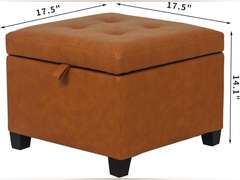 Adeco Faux Leather Storage Ottoman with Hinged Lid, 14 Inch High Orange Square Cube Foot Stool with Storage, Upholstered Vanity Stool with Solid Wood Legs for Living Room, Bedroom, Dorm 87