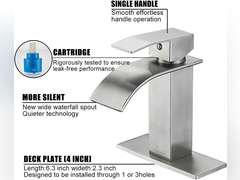 Bathroom Faucet Brushed Nickel Modern Waterfall Bathroom Sink Faucet with Single Handle Suitable for 1 or 3 Holes,Supply Deck Plate and Hose 24
