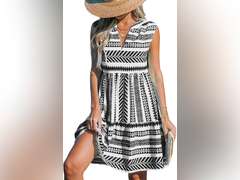 CUPSHE Women's Ruffle Beach Mini Dress Split V Neck A Line Sleeveless Geometric Stripe Tropical Leaf Pattern Summer Dresses si.ze M 38