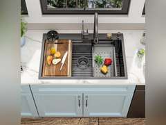 33"x22" Drop In Waterfall Kitchen Sink - 16 Gauge 304 Stainless Steel Gunmetal Black NANO-PVD Multifunctional Single Bowl Smart Workstation Waterfall Sink with Faucet Combo, Glass Rinser 400