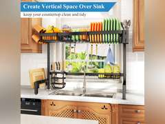 (SIMILAR MODEL) Over The Sink Dish Drying Rack, Adjustable (30" to 41.5") Large Dish Drainer Drying Rack for Kitchen Counter with Multiple Baskets Utensil Sponge Holder Sink Caddy, 2 Tier Black 40