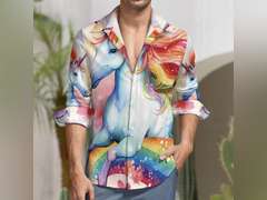Similar model, Rainbow Unicorns Men's Button Down Shirt Long Sleeve Shirt Casual Regular Fit Tops with Pocket, L 30