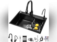 Black Kitchen Sink, Stainless Steel Single Bowl Sink, Drop In/Topmount Workstation Sink with Sliding Accessories, Farmhouse Workstation Sink with Multiple Accessories (21.7 x 17.7in), RXZE031 140