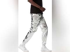 ZEROYAA Mens Metallic Shiny Sweatpants Disco Party Elastic Trousers Size L 30