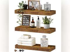 QEEIG Floating Shelves for Wall Bathroom Shelf Bedroom Kitchen Living Room Hanging Book Shelves Small Farmhouse Decor 16 inch Set of 3, Rustic Brown (015-BN3) 20