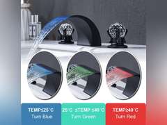 Bathroom Sink Faucet 3 Hole 2 Handle Widespread LED Light Waterfall Faucets with Dual Crystal Handles Basin Mixer Tap 8-Inch Vanity Sink Faucet with Supply Hose, Matte Black 99