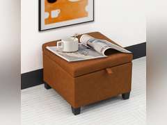 Adeco Faux Leather Storage Ottoman with Hinged Lid, 14 Inch High Orange Square Cube Foot Stool with Storage, Upholstered Vanity Stool with Solid Wood Legs for Living Room, Bedroom, Dorm 87