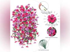 Artificial Flowers for Outdoors Fake Hanging Decoration, 4Pcs Purple and Hotpink Spring Decor, Realistic Plants, UV & Fading Resistant Silk Flower for Porch Patio Balcony Planter Yard 26