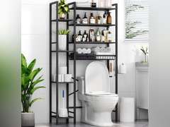 8-Tier Over The Toilet Storage with Side Rack, Over Toilet Storage Rack with Adjustable Shelf & Drain Basket, Freestanding Bathroom Organizer for Balcony, Laundry (Pure Black) some screws might be missing 90