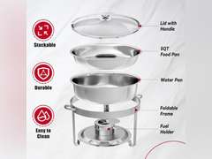 Chafing Dish Buffet Set 4 Pack, 5QT Round Stainless Steel Chafer for Catering in Glass Lid, Chafers and Buffet Warmer Sets w/Food & Water Pan, Lid, Frame, Fuel Holder for Event Party Holiday 100