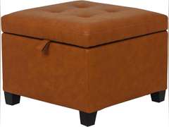 Adeco Faux Leather Storage Ottoman with Hinged Lid, 14 Inch High Orange Square Cube Foot Stool with Storage, Upholstered Vanity Stool with Solid Wood Legs for Living Room, Bedroom, Dorm 87