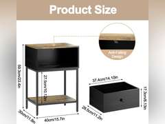 3 Tier Nightstand with Wood Drawer Storage, Small Side Table for Small Spaces, Rustic Tall Night Stand/End Table with Shelf, Anti- Falling Design for Living Room, Bedroom, Sofa, Black 47