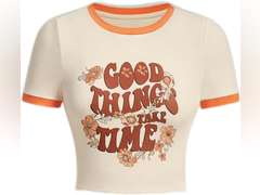 Women's T-Shirt Slogan Graphic Contrast Binding Crop Tee T-Shirt for womenSEIBES size S 45