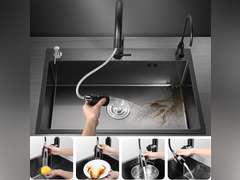 Black Kitchen Sink, Stainless Steel Single Bowl Sink, Drop In/Topmount Workstation Sink with Sliding Accessories, Farmhouse Workstation Sink with Multiple Accessories (21.7 x 17.7in), RXZE031 140