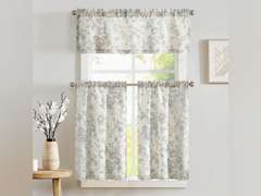 jinchan Floral Kitchen Curtains Set Linen Tier Curtains and Valance Farmhouse Drapes for Small Windows 24 Inch Length for Cafe Living Room Bathroom Rod Pocket 3 Pieces Set Grey on Beige 22