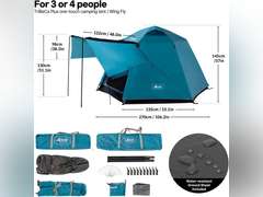 Pop Up Tents for Camping, Waterproof 4 Person Instant Tents Camping with Removable Rainfly, 2 Door 4 Mesh Windows Easy Setup Camping Tent, Included Moisture-Proof Mat 100