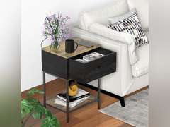 3 Tier Nightstand with Wood Drawer Storage, Small Side Table for Small Spaces, Rustic Tall Night Stand/End Table with Shelf, Anti- Falling Design for Living Room, Bedroom, Sofa, Black 47